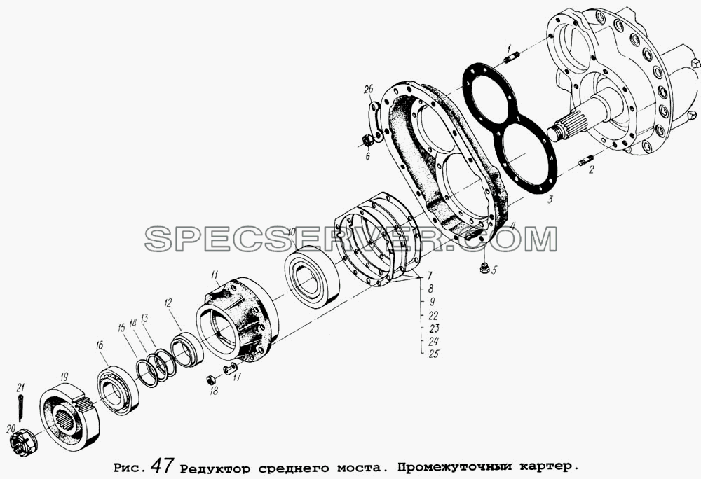 Редуктор среднего моста. Промежуточный картер для МАЗ-64255 (список запасных частей)
