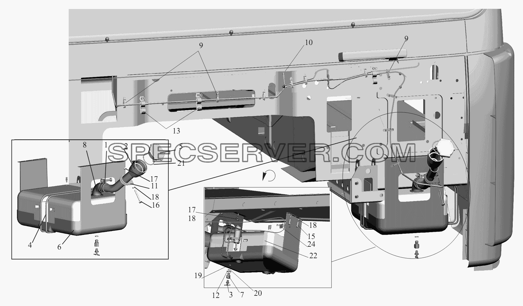 Установка омывателя 6430-5200008 для МАЗ-6430A8 (5440A8, 5440A5) (список запасных частей)