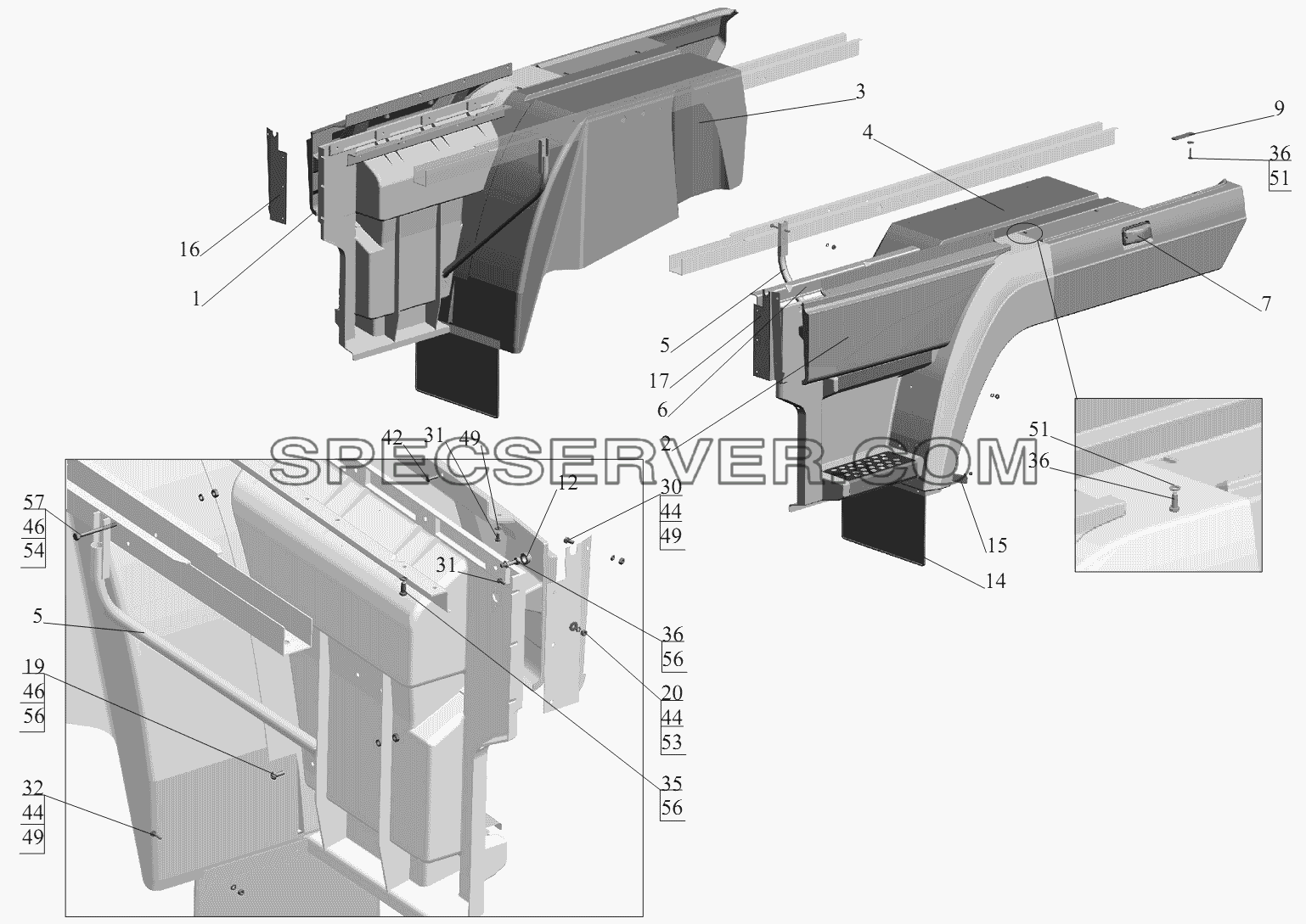 Установка оперения для МАЗ-6430A8 (5440A8, 5440A5) (список запасных частей)