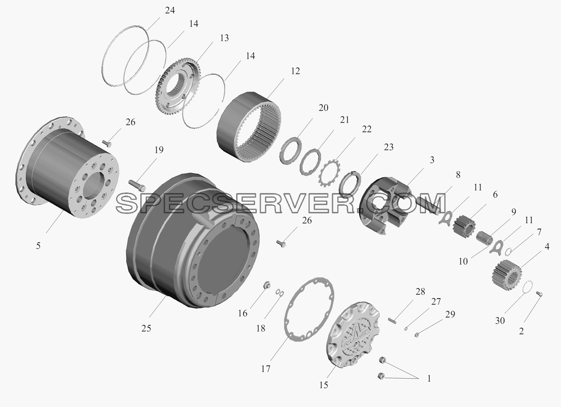 Колесный редуктор для МАЗ-6430A8 (5440A8, 5440A5) (список запасных частей)