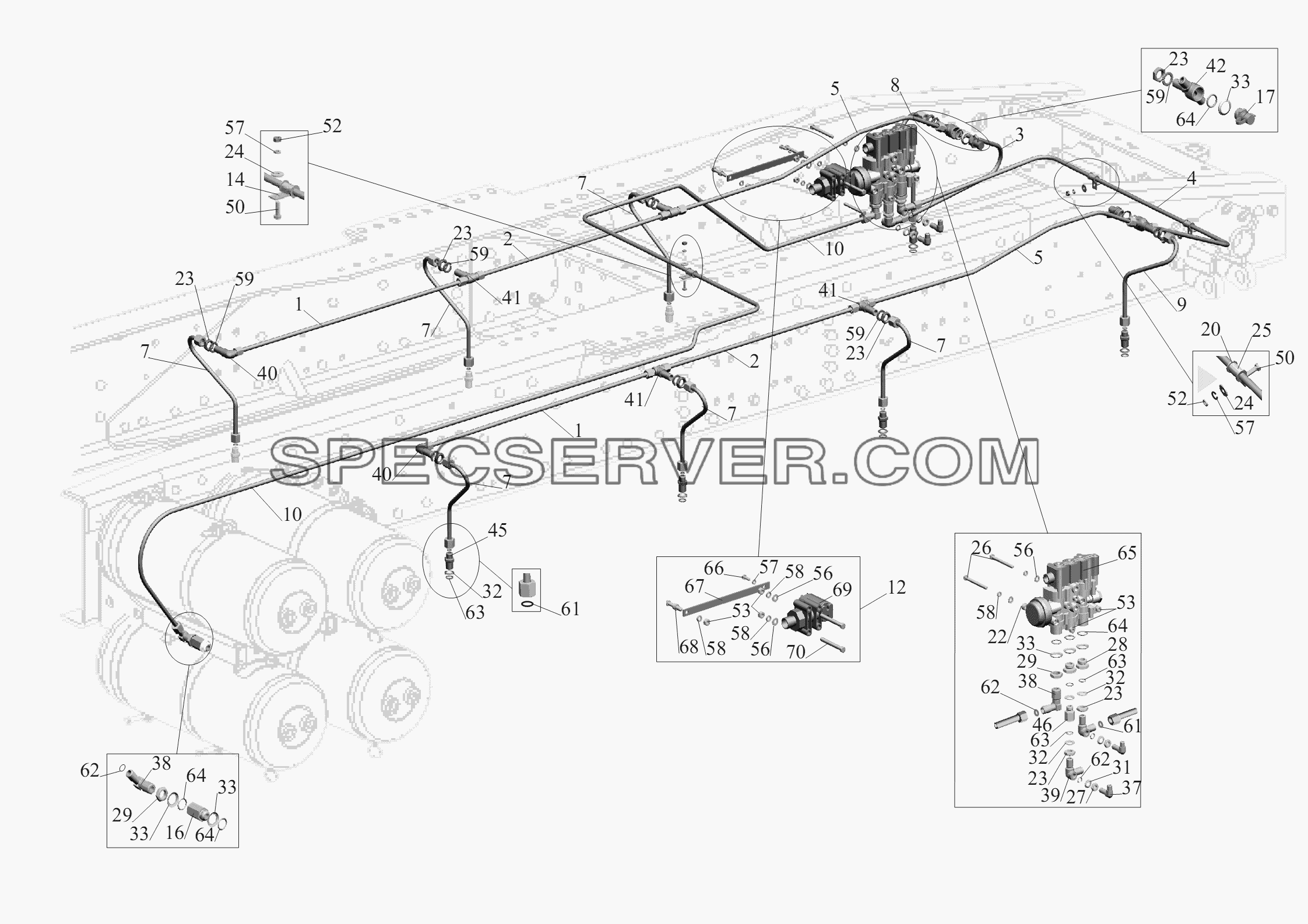 Установка трубопроводов ECAS 6430-2900018-010 для МАЗ-6430A8 (5440A8, 5440A5) (список запасных частей)