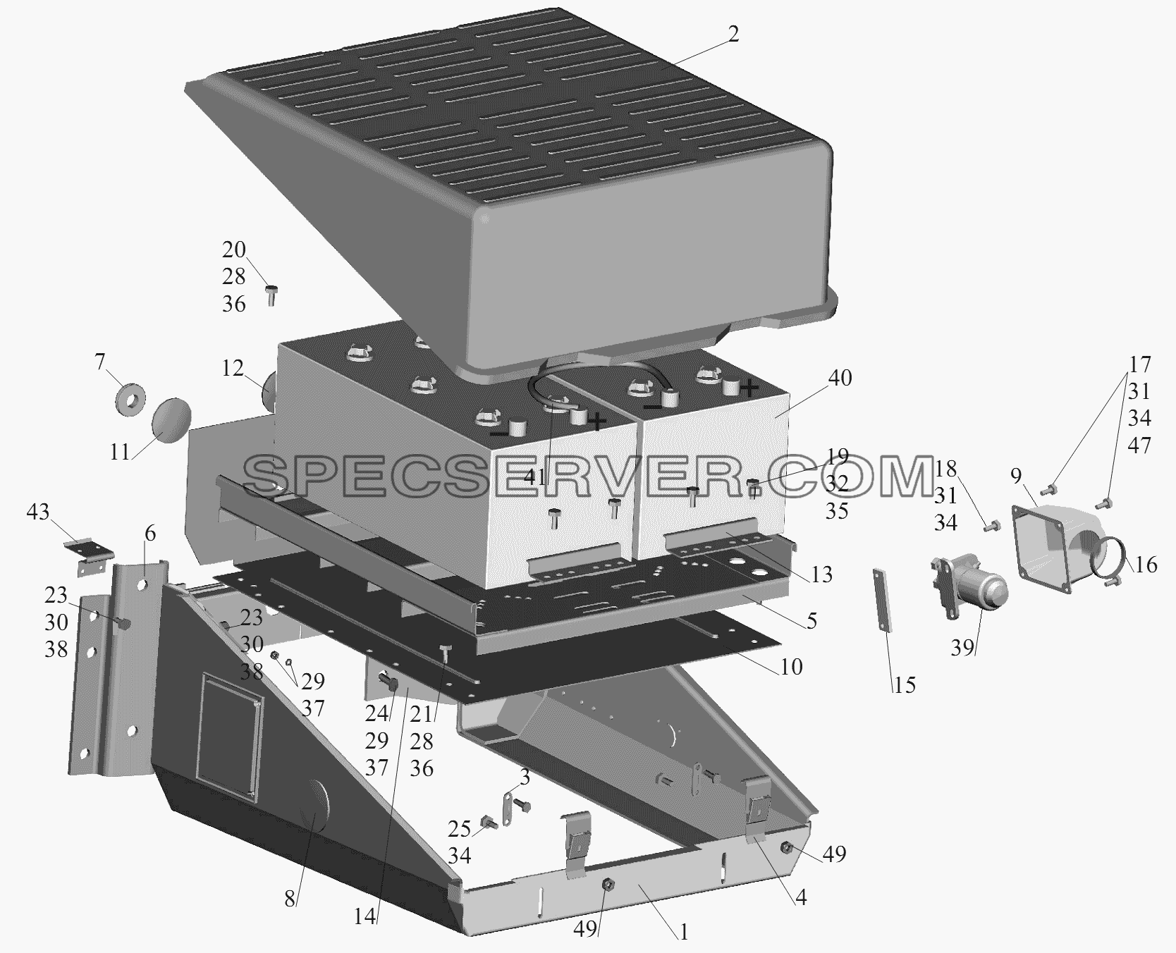 Установка аккумуляторных батарей 631208-3700008 для МАЗ-6430A8 (5440A8, 5440A5) (список запасных частей)
