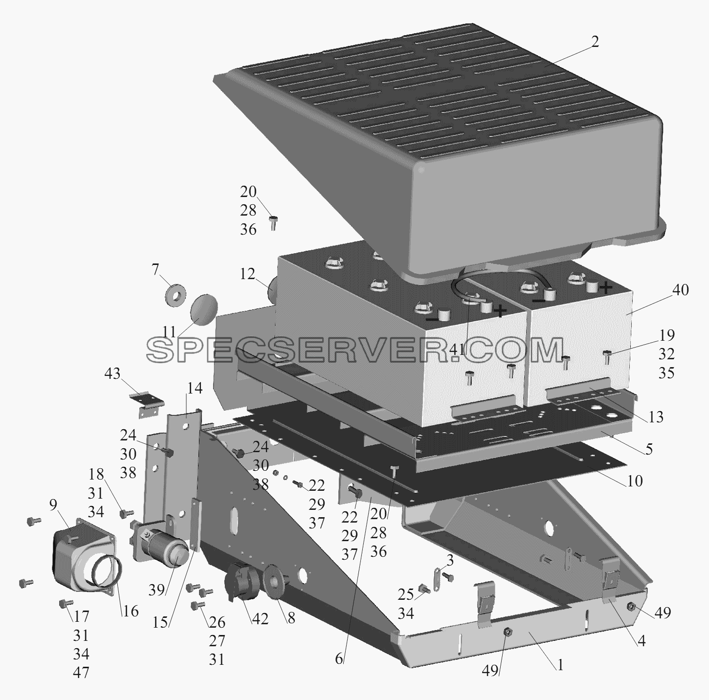 Установка аккумуляторных батарей 64302-37000084 для МАЗ-6430A8 (5440A8, 5440A5) (список запасных частей)