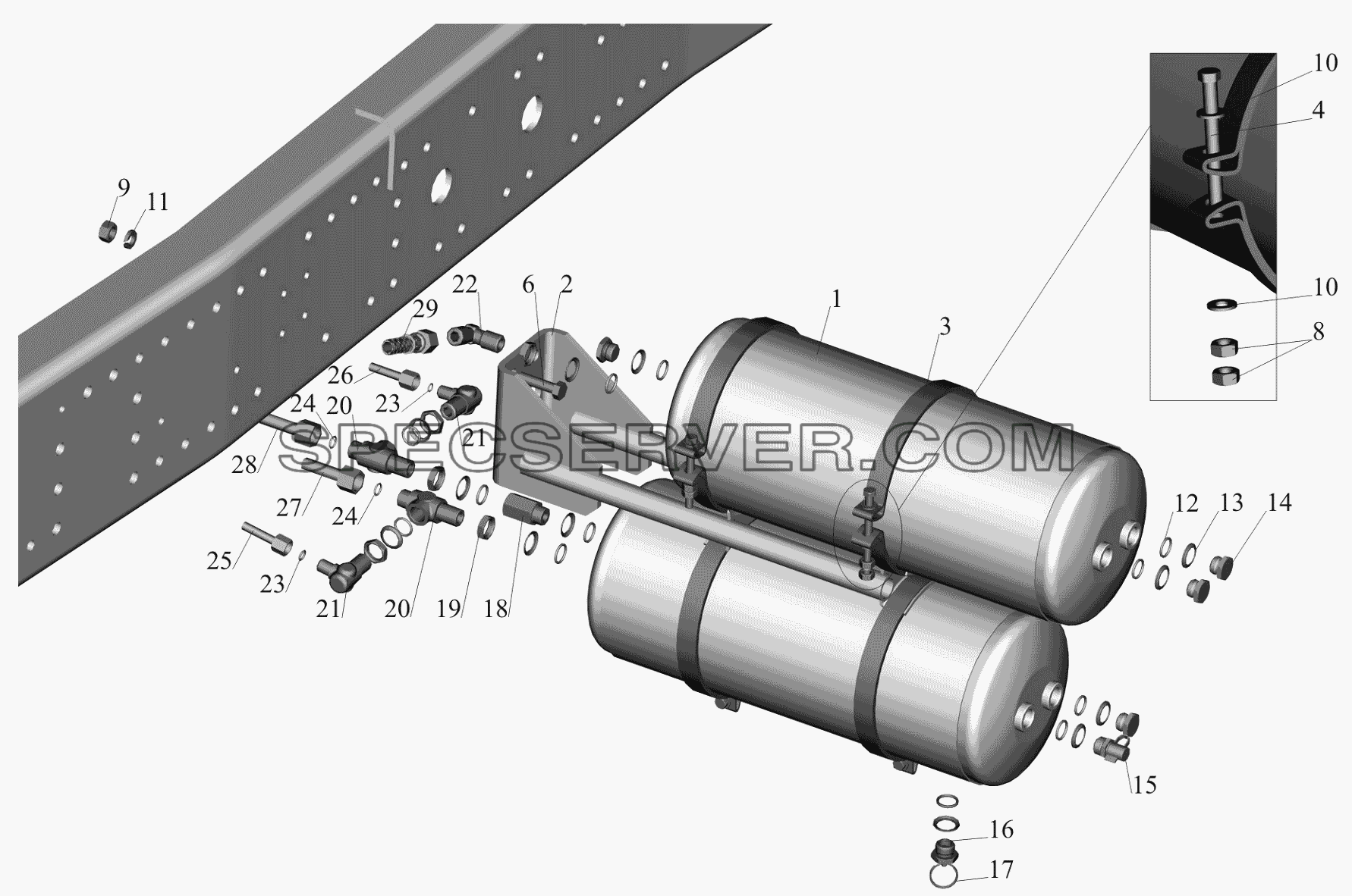 Крепление ресиверов 650119-3513006 и присоединительной арматуры для МАЗ-650119 (список запасных частей)