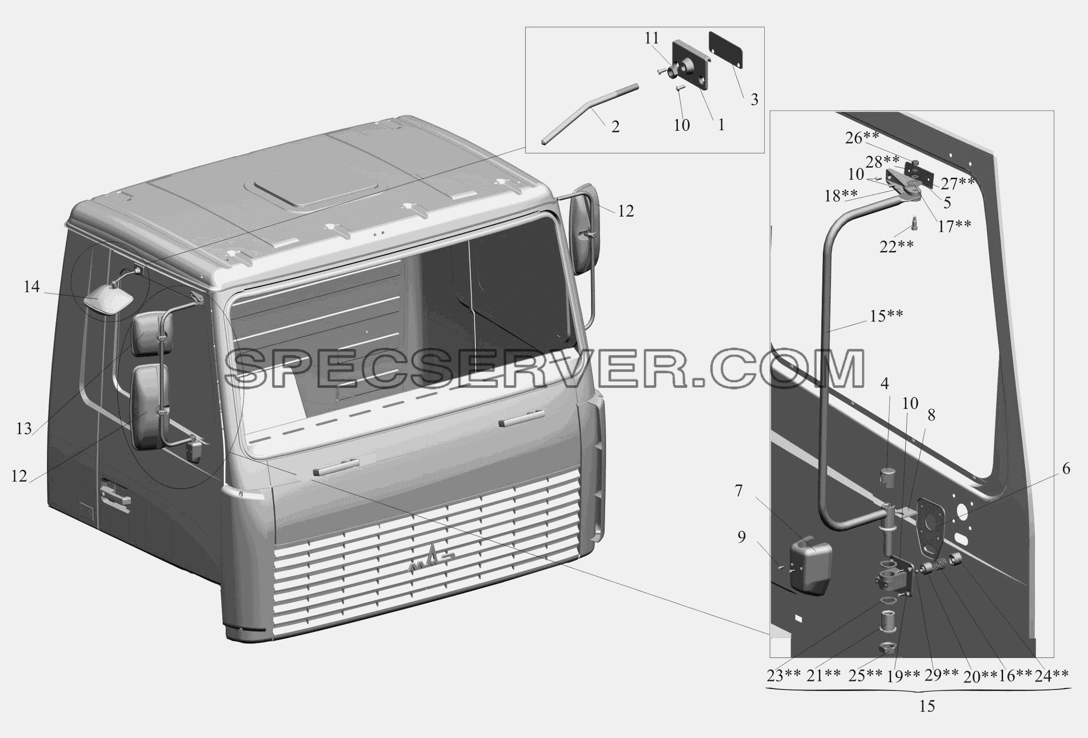Установка зеркал 6430-8200005 для МАЗ-650119 (список запасных частей)
