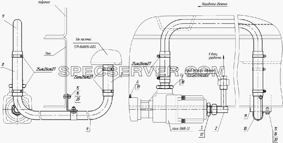 45144-8604020 Установка фитингов насоса DARK-52 для НефАЗа-45144-8600001 (список запасных частей)