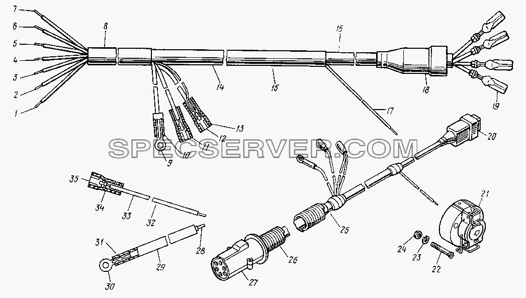 Жгут проводов от тягача к прицепу с вилкой для НефАЗа-8527 (список запасных частей)
