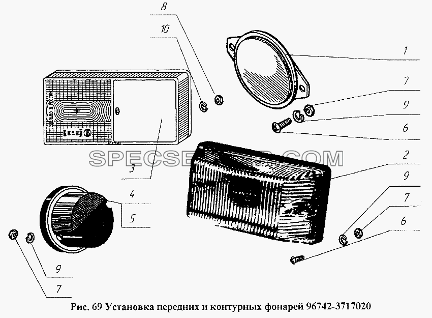 Установка передних и контурных фонарей 96742-3717020 для НефАЗа-96741 (список запасных частей)