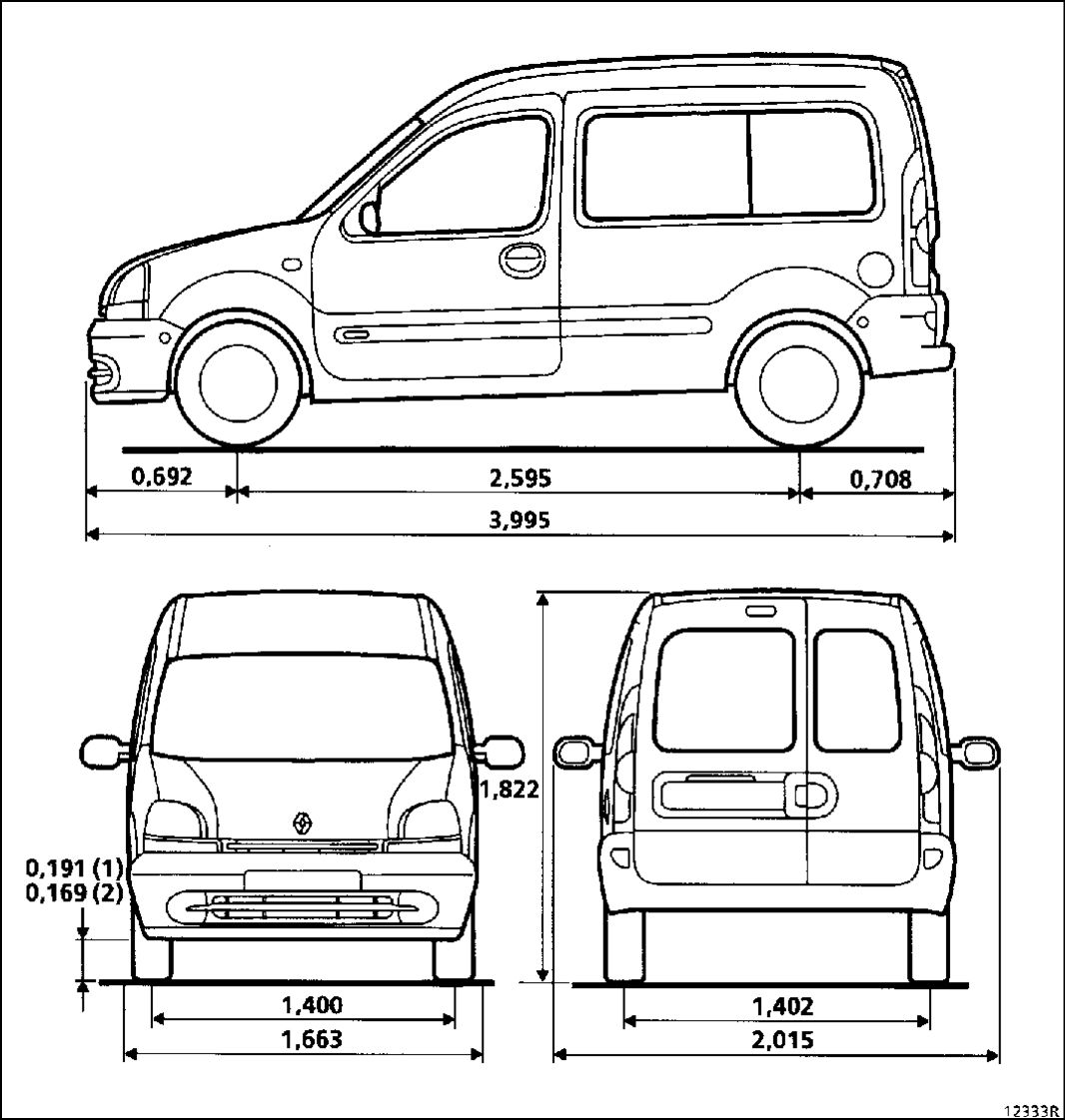 1. Габаритные размеры автомобиля Renault Kangoo 1997-2007