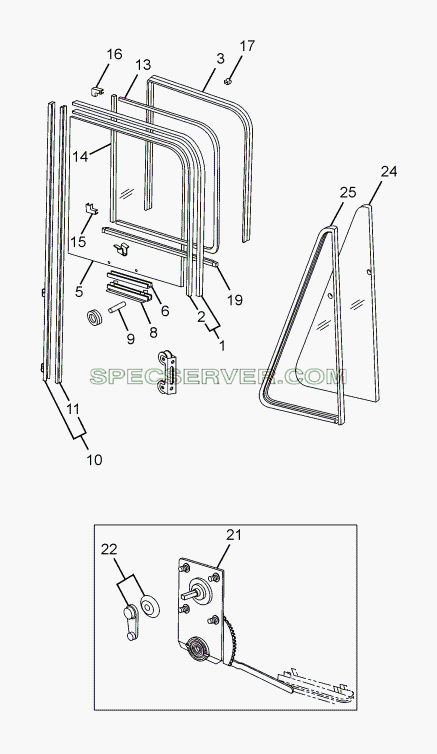 DOOR GLASS 357171, 357172, 357175, 357174 для SFC 407 LHD Euro II (список запасных частей)