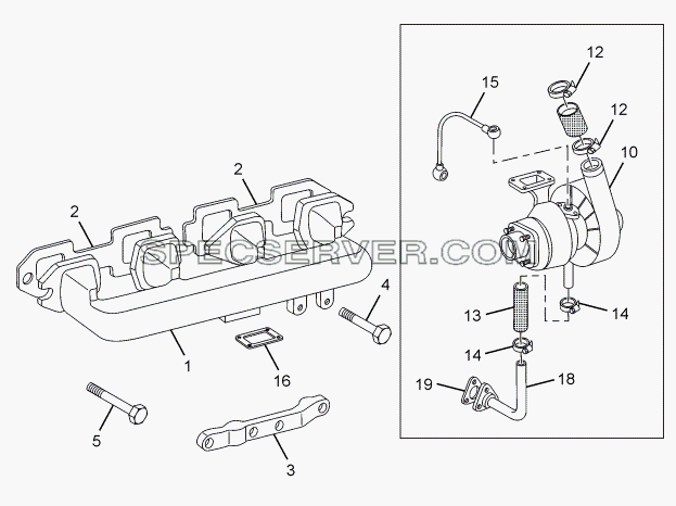 EXHAUST MANIFOLD AND TURBOCHARGER для LPT 613 LHD EURO II (список запасных частей)