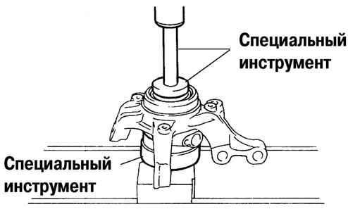 Выпрессовка подшипника ступицы переднего колеса в специальное приспособление
