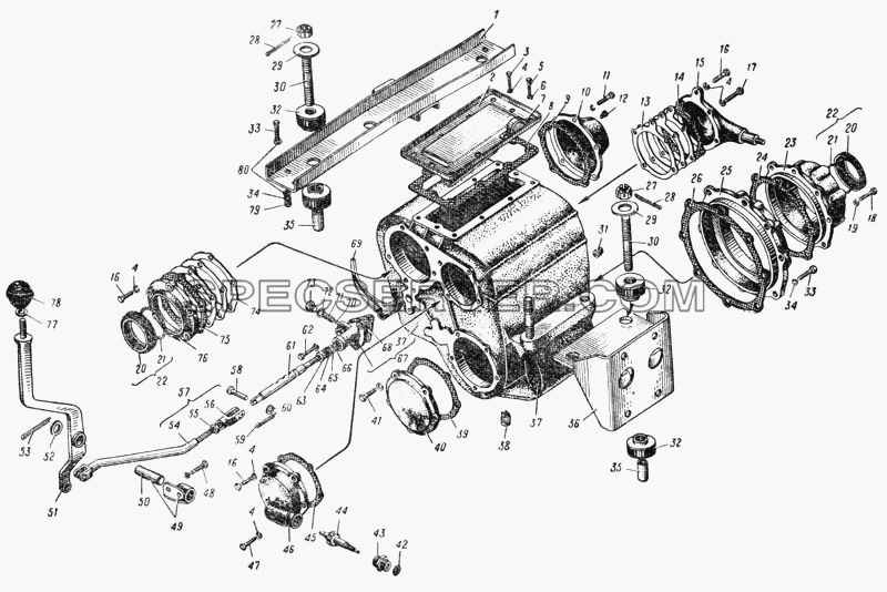 Картер и управление дополнительной коробкой (Рис. 45) для Урал-375 (список запасных частей)