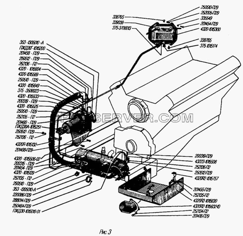 Установка агрегатов системы предпускового подогрева для Урал-4320-31 (список запасных частей)
