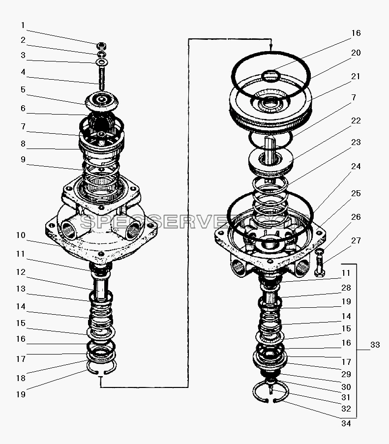 Детали тормозного двухсекционного крана для Урал-43206-41 (список запасных частей)