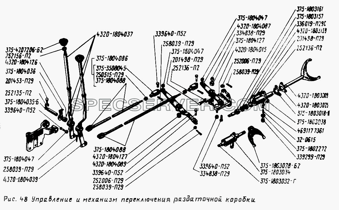 Управление и механизм переключения раздаточной коробки для Урал-4320 (список запасных частей)