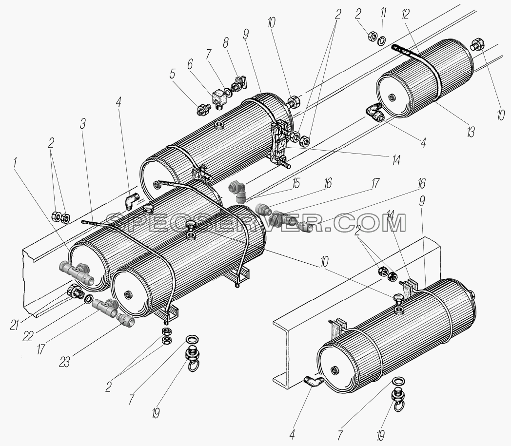 Установка воздушных баллонов на автомобили 4320-1951-58, 4320-1151-59, 4320-0971-58 для Урал-44202-0511-58 (список запасных частей)