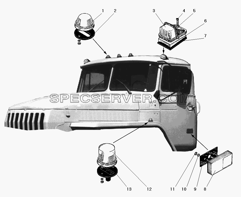 Установка фонаря знака автопоезда, габаритного и бокового повторителя для Урал-5557-40 (список запасных частей)