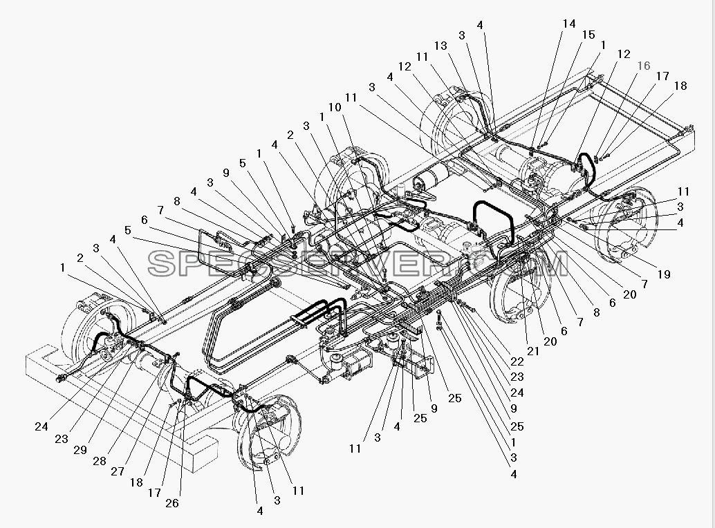 Крепление трубопроводов и шлангов гидропневматического привода рабочих тормозов без АБС для Урал-55571-40 (список запасных частей)