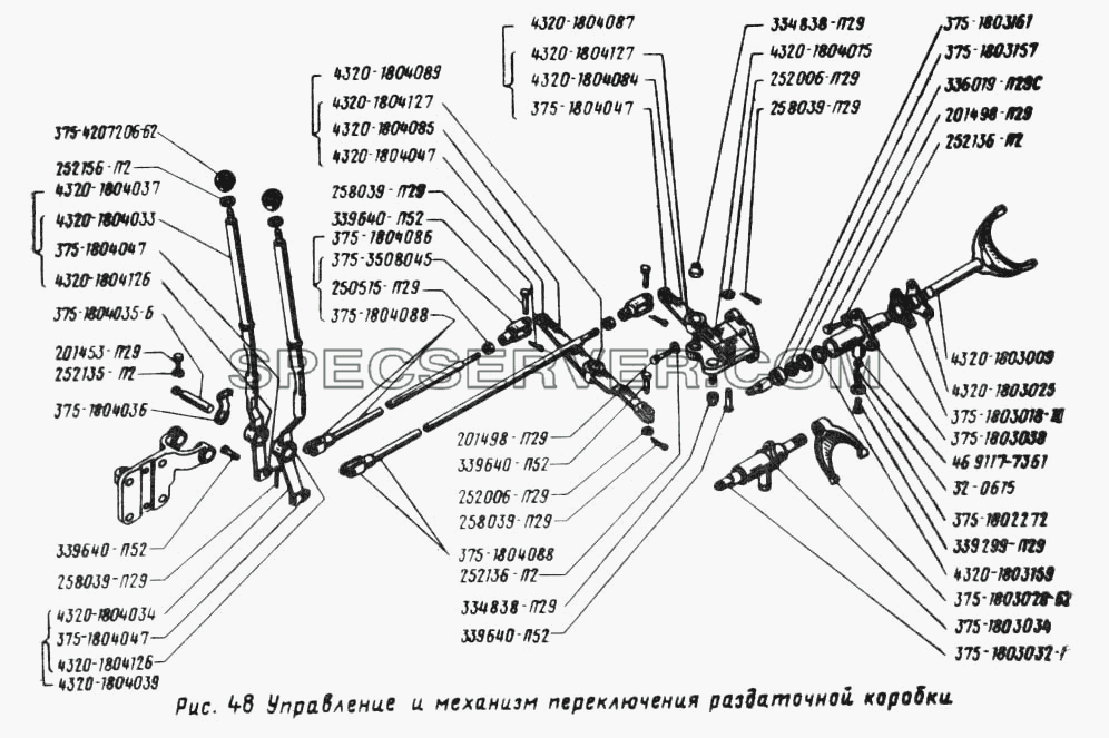 Управление и механизм переключения раздаточной коробки для Урал-5557 (список запасных частей)