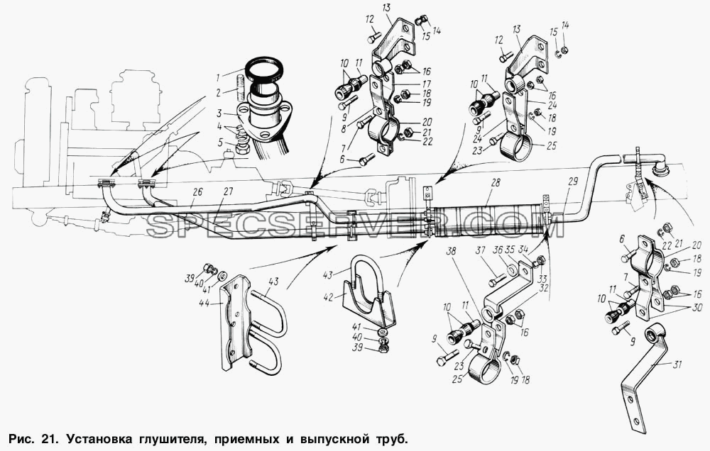 Установка глушителя, приемных и выпускной труб для ЗИЛ 131 (список запасных частей)