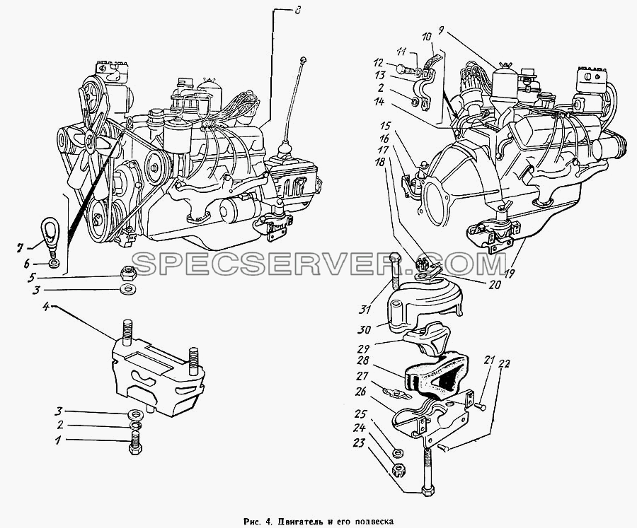 Двигатель и его подвеска для ЗиЛа 431410 Каталог 1989 г. (список запасных частей)