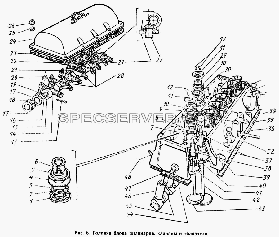 Головка блока цилиндров, клапаны и толкатели для ЗиЛа 431410 Каталог 1989 г. (список запасных частей)