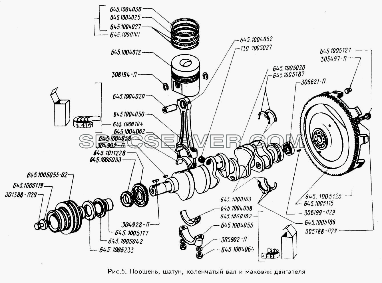 Поршень, шатун, коленчатый вал и маховик двигателя для ЗИЛ 433100 (список запасных частей)