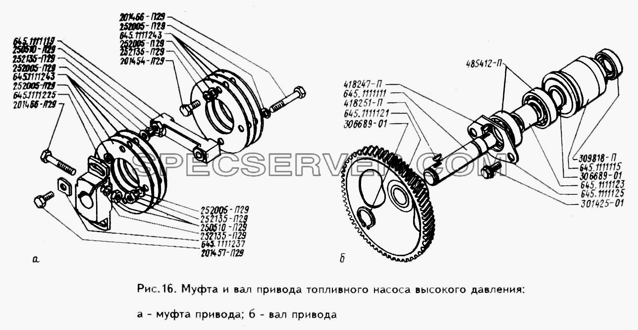 Муфта и вал привода топливного насоса высокого давления для ЗИЛ 433100 (список запасных частей)
