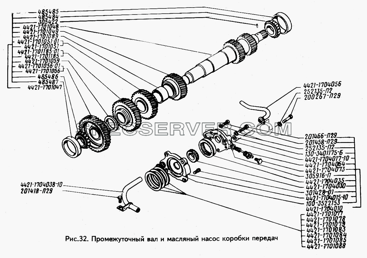 Промежуточный вал и масляный насос коробки передач для ЗИЛ 433100 (список запасных частей)