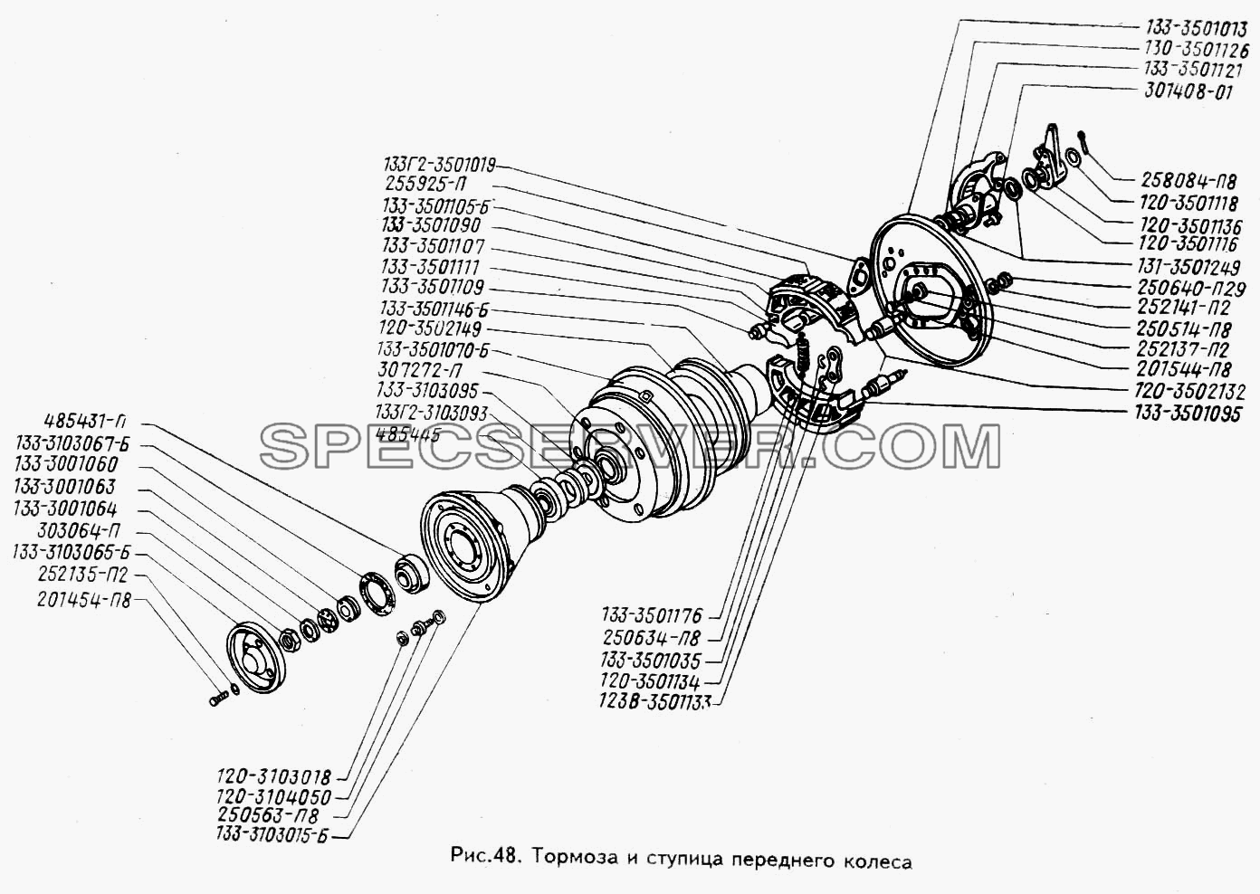 Тормоза и ступица переднего колеса для ЗИЛ 433100 (список запасных частей)