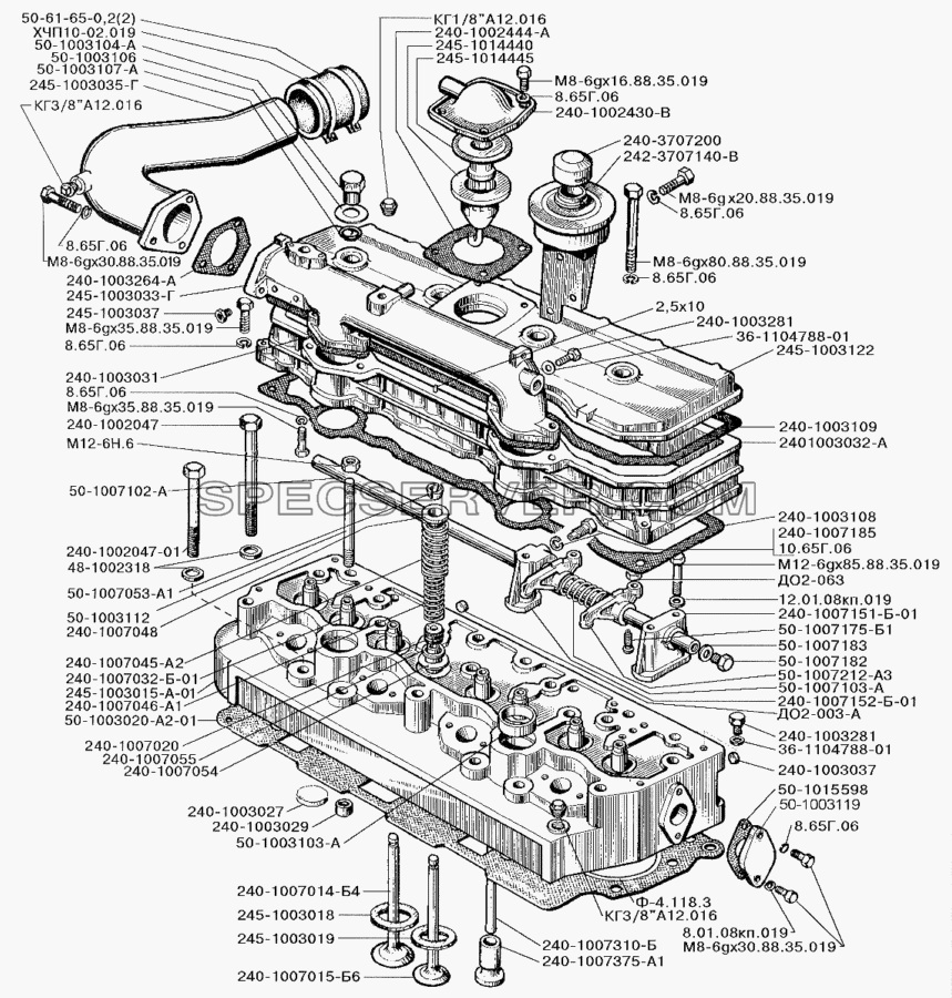 Головка блока цилиндров, клапаны и толкатели двигателя Д-245.12С для ЗИЛ-5301 (2006) (список запасных частей)