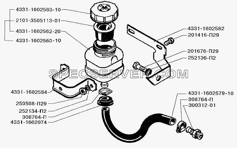 Бачок главного цилиндра управления сцеплением и его установка для ЗИЛ-5301 (2006) (список запасных частей)