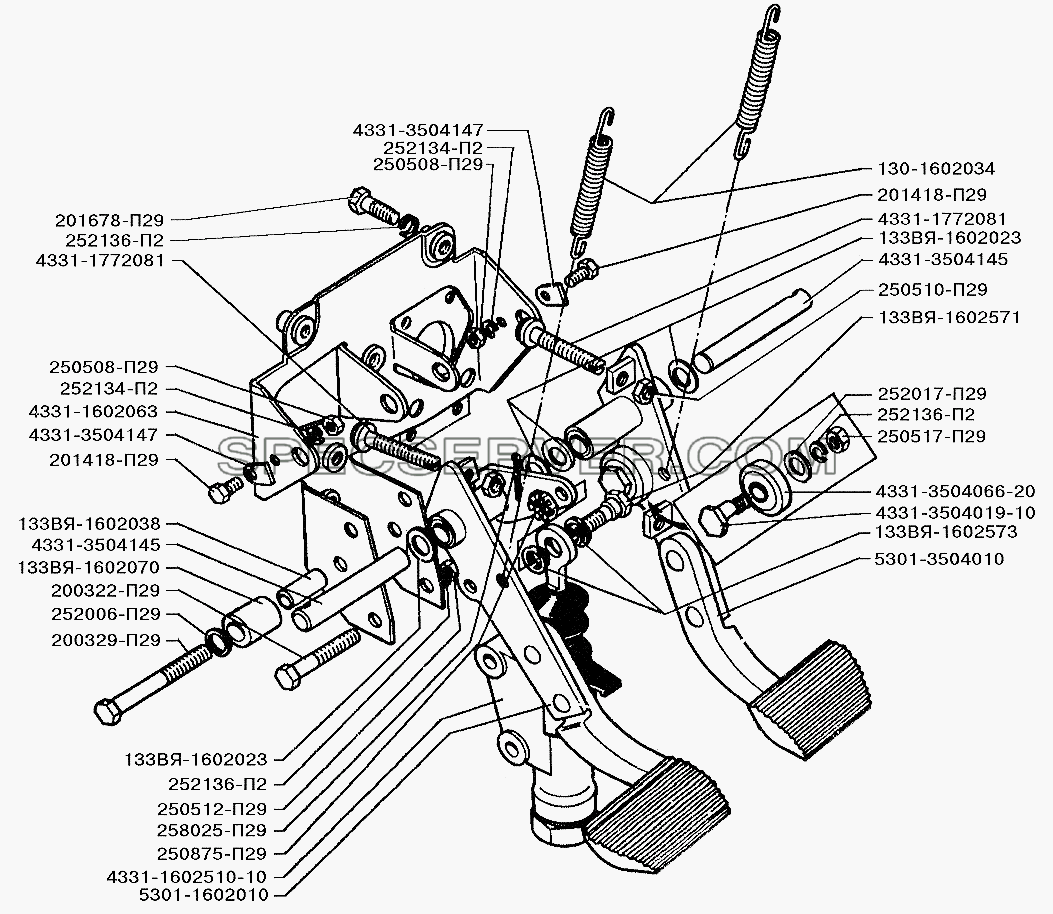 Установка педалей сцепления и тормоза для ЗИЛ-5301 (2006) (список запасных частей)