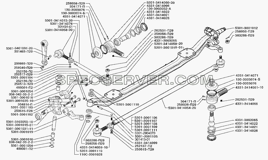 Передняя ось и рулевые тяги (вариант 1) для ЗИЛ-5301 (2006) (список запасных частей)