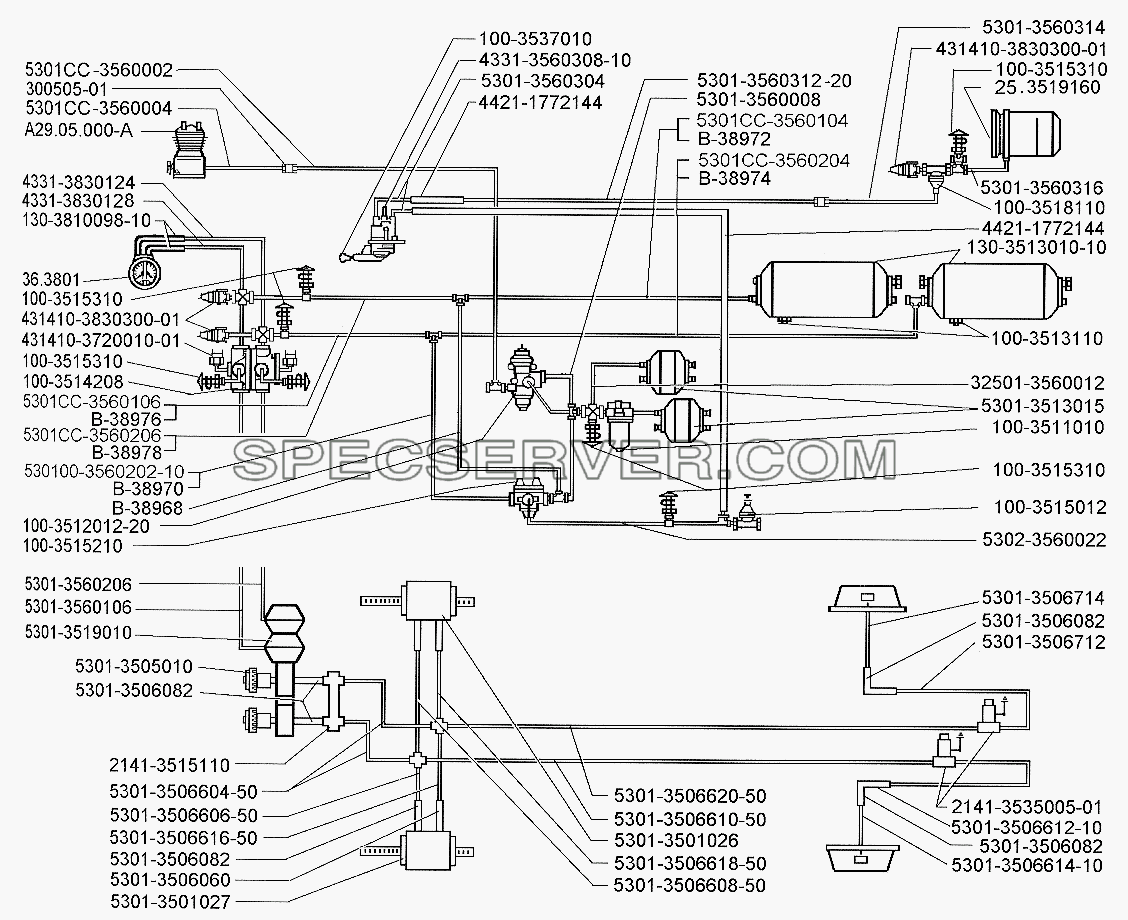 Схема тормозного привода автомобиля ЗИЛ-5301 без АБС, разделенного по бортам для ЗИЛ-5301 (2006) (список запасных частей)