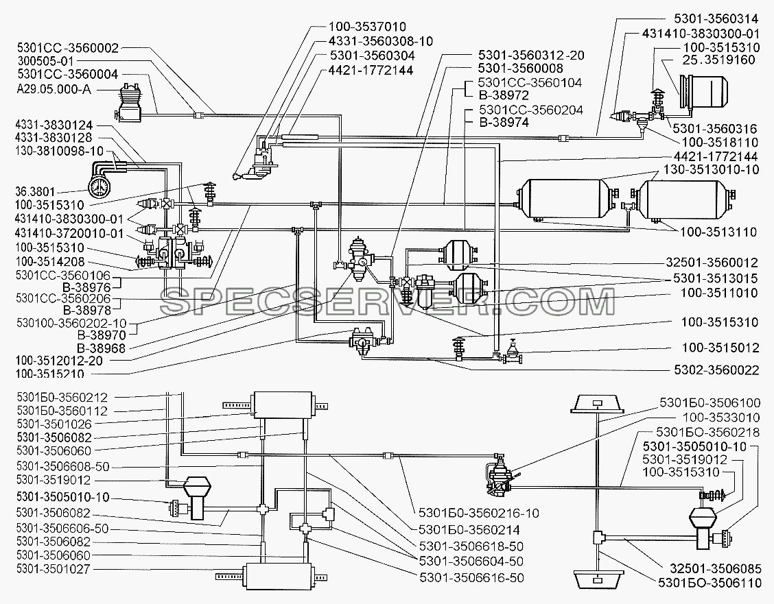 Схема тормозного привода автомобиля ЗИЛ-5301 без АБС, разделенного по мостам для ЗИЛ-5301 (2006) (список запасных частей)