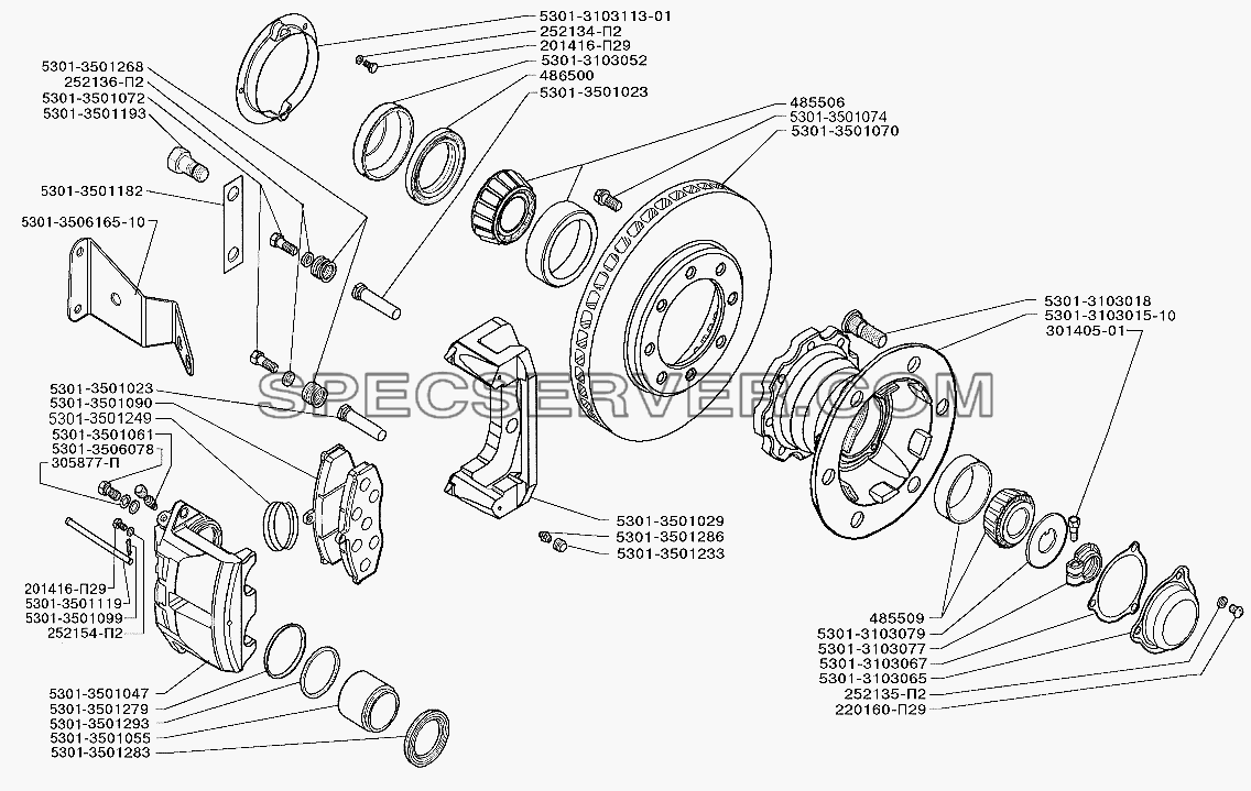 Тормозной механизм и ступица переднего колеса для ЗИЛ-5301 (2006) (список запасных частей)