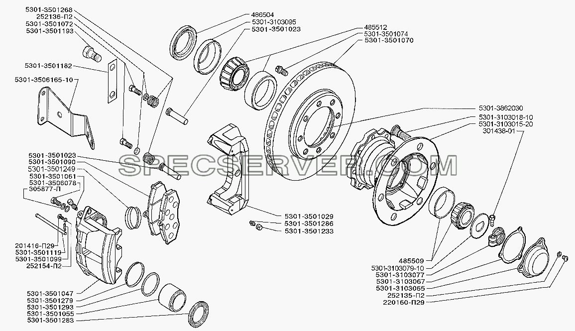 Тормозной механизм и ступица переднего колеса (вариант с усиленной передней осью) для ЗИЛ-5301 (2006) (список запасных частей)