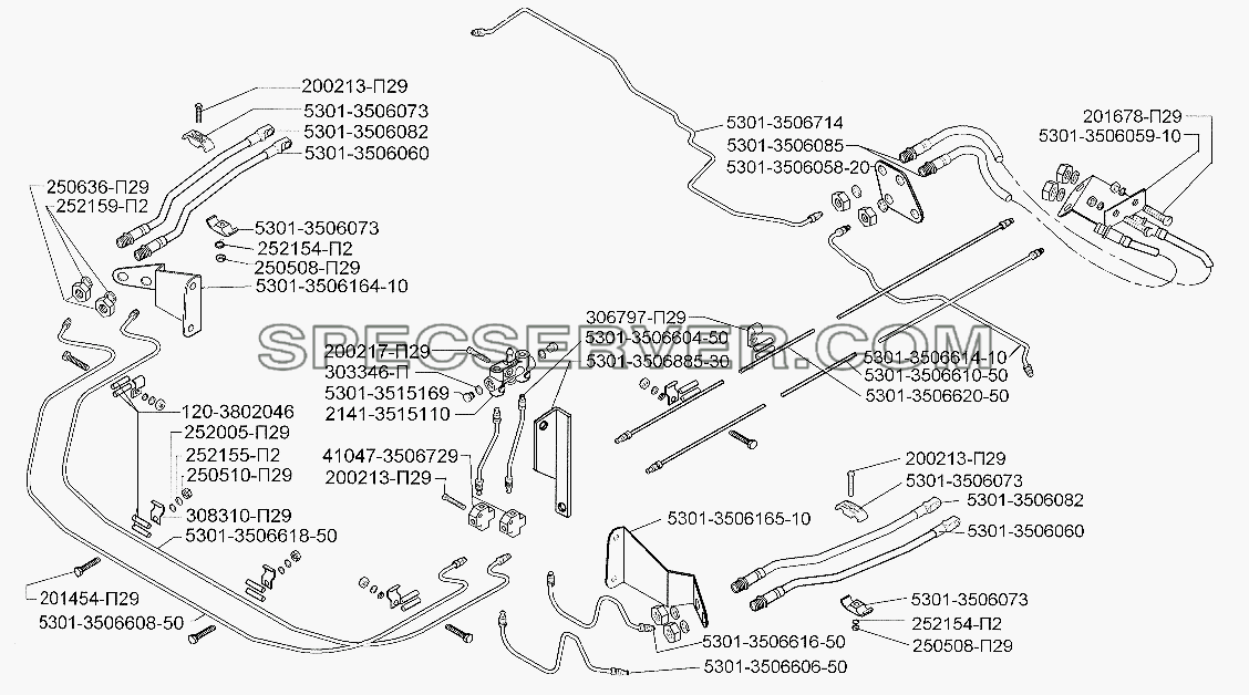 Установка трубопроводов тормозного привода автомобиля ЗИЛ-5301, разделенного по бортам для ЗИЛ-5301 (2006) (список запасных частей)