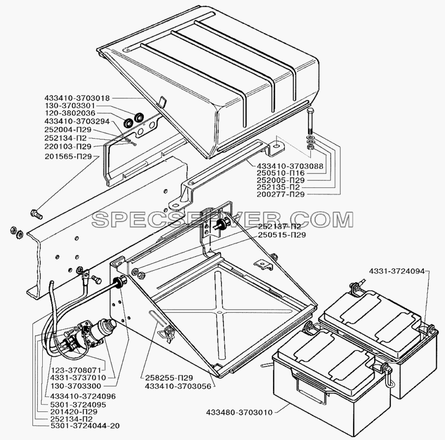 Установка аккумуляторных батарей на автомобиль ЗИЛ-5301 для ЗИЛ-5301 (2006) (список запасных частей)