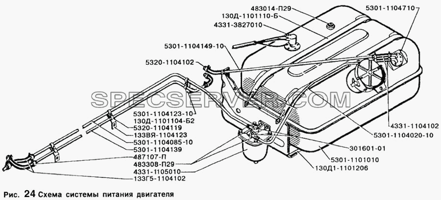Схема системы питания двигателя для ЗИЛ 5301 (список запасных частей)
