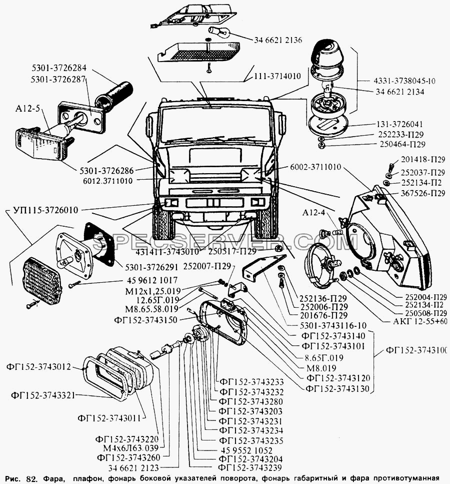 Фара, плафон, фонарь боковой указателей поворота, фонарь габаритный и фара противотуманная для ЗИЛ 5301 (список запасных частей)